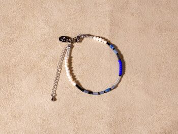Bracelet perlé bleu blanc lapis lazuli carré argent fait main 6
