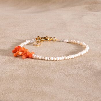 Bracelet perle d'eau douce corail orange plaqué or fait main 3