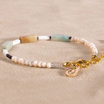 Pulsera perlas de agua dulce amazonita oro perla hecha a mano