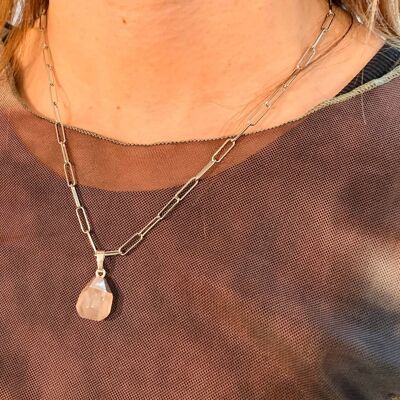 Paperclip necklace silver with rose quartz pendant asymmetrical handmade