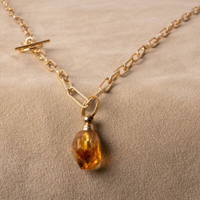 Longue chaîne trombone plaquée or avec pendentif citrine - flacon pour parfum et huiles essentielles