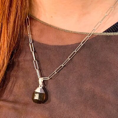 Paperclip necklace silver with a smoky quartz pendant, asymmetrically handmade