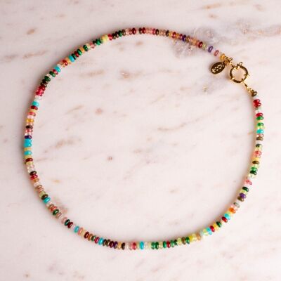 Pearl necklace colorful rainbow round gemstones gold plated handmade
