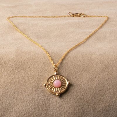Gold-plated link chain with round pendant with round pink stone handmade from 925 sterling silver