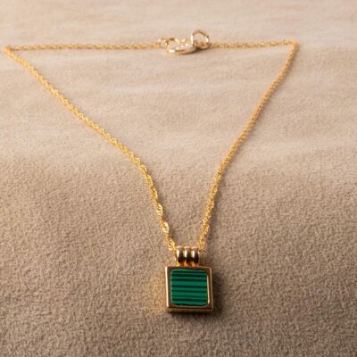 Gold-plated delicate link chain with square malachite pendant handmade from 925 sterling silver