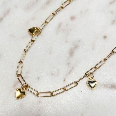 Golden paper clip chain with gold-plated heart charms
