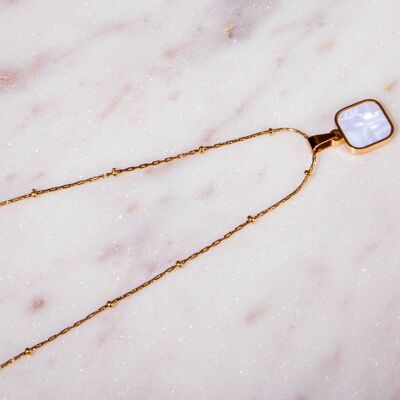Link chain with a square mother-of-pearl pendant, gold-plated, delicate