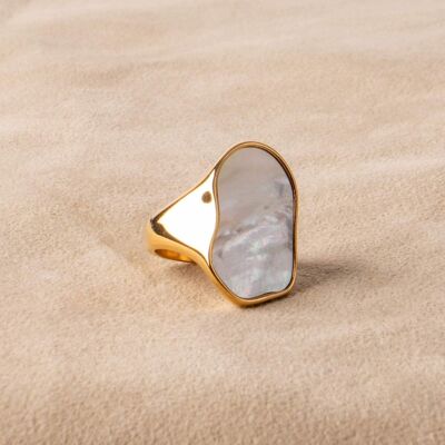 Statement ring large with mother of pearl gold plated gold asymmetrical