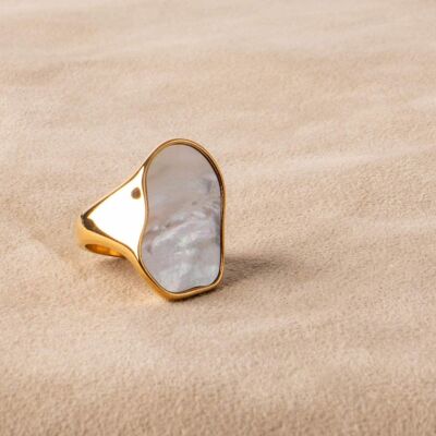 Statement ring large with mother of pearl gold plated gold asymmetrical