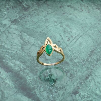 Eye crown ring with green onyx gold handmade