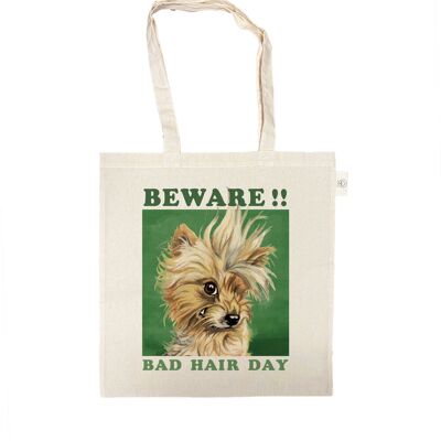 Katoenen tas - Bad Hair Day - Beware!! -  prijs per 3 stuks