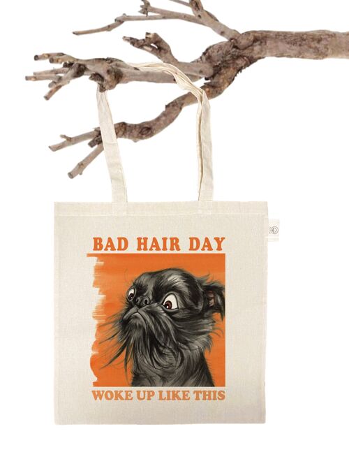Katoenen tas - Bad Hair Day - Woke up like this ! -  prijs per 3 stuks