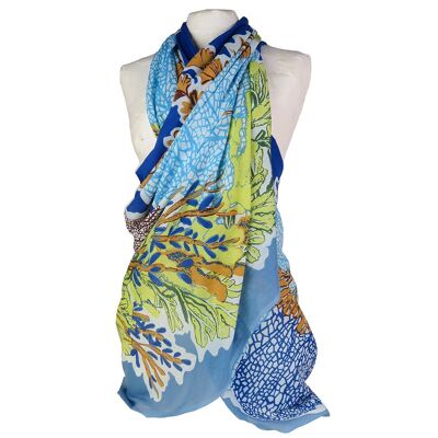 Cotton pareo stole with marine and holiday pattern: corals and sea, navy blue
