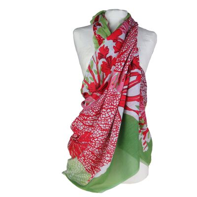 Pareo or stole in cotton with coral pattern, raspberry and green color