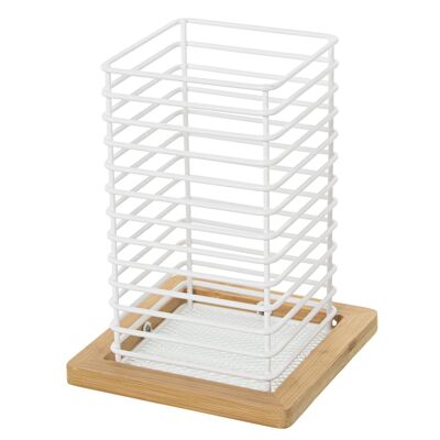 WHITE METAL UTENSILE HOLDER/WOODEN FRAME (NOT INCLUDED UTE 12X12X16CM, CONTAINER: 9X9X16 ST82852