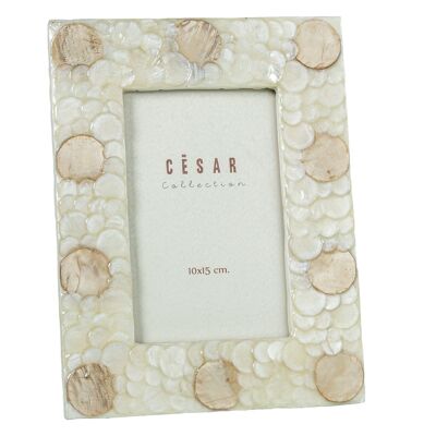 MOTHER OF PEARL PHOTO HOLDER 10X15CM CIRCLES NATURAL/TAN _EXT:17X22X1CM ST37169