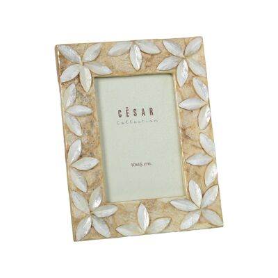 MOTHER OF PEARL PHOTO HOLDER 10X15CM NATURAL/TAN RELIEF FLOWERS _EXT.17X22X1CM ST37851