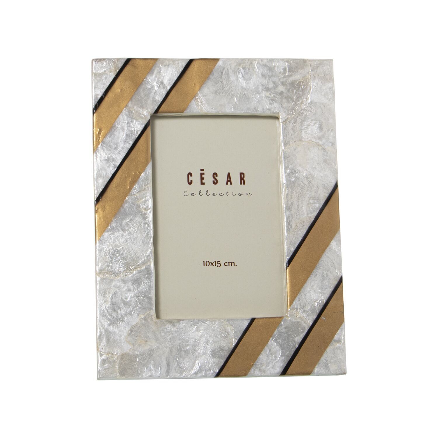 Perlmutt-Fotorahmen 10x15cm, naturfarbene Streifen, schwarz, goldfarben lackiert, Außenmaße: 17x22x1cm, ST39337