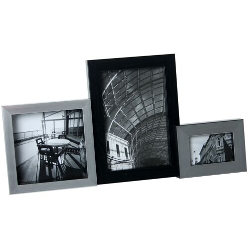 PORTAFOTO MÚLTIPLE 3-F MELAMINA COLOR PLATA/NEGRO _10X10CM+10X15+8X5CM-EXT:34X18 ST77207