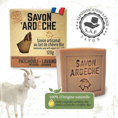 Jabón de Leche de Cabra Orgánico Certificado - Jabón Suave Supergraso 7% - Jabón Artesanal 100% Natural - Fabricado en Ardèche - Para Rostro y Cuerpo - 120 g (Pachuli Lavanda)