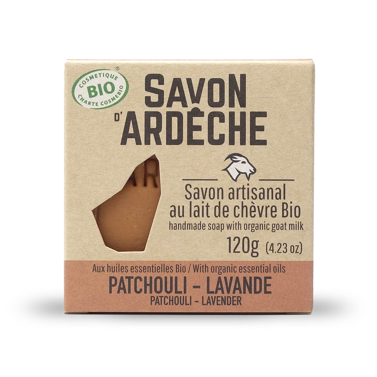 Certified Organic Goat's Milk Soap - 7% Superfatted Mild Soap - 100% Natural Artisanal Soap - Made in Ardèche - For Face and Body - 120g (Lavender Patchouli)