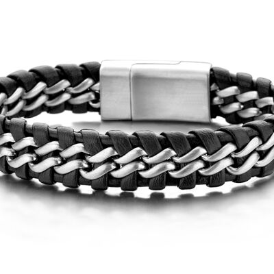 Braided Steel And Leather Bracelet