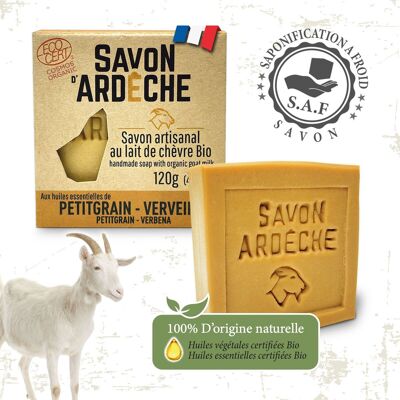 Jabón de Leche de Cabra Orgánico Certificado - Jabón Suave Supergraso al 7% - Jabón Artesanal 100% Natural - Fabricado en Ardèche - Para Rostro y Cuerpo - 120 g (Petitgrain Verbena)