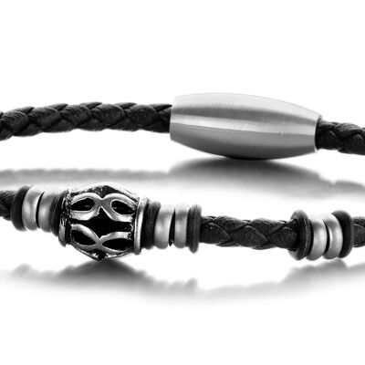 Bracelet en cuir noir avec éléments en acier