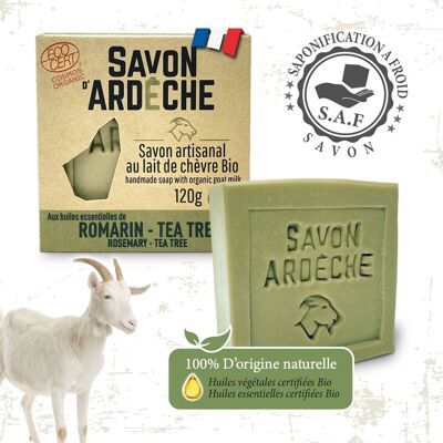 Zertifizierte Bio-Ziegenmilchseife – 7 % milde Surgras-Seife – 100 % natürliche, handwerklich hergestellte Seife – hergestellt in der Ardèche – für Gesicht und Körper – 120 g (Rosmarin-Teebaum)