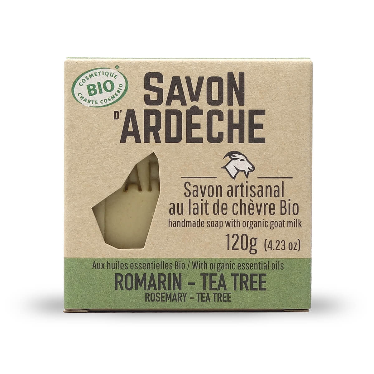 Certified Organic Goat's Milk Soap - 7% Surgras Mild Soap - 100% Natural Artisanal Soap - Made in Ardèche - For Face and Body - 120g (Rosemary Tea tree)