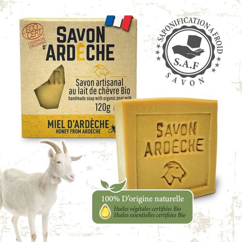 Savon au Lait de Chèvre - Savon Doux Surgras à 7% - Savon Artisanal 100% Naturel - Fabriqué en Ardèche - Pour Visage et Corps - 120g (Miel d'Ardèche)