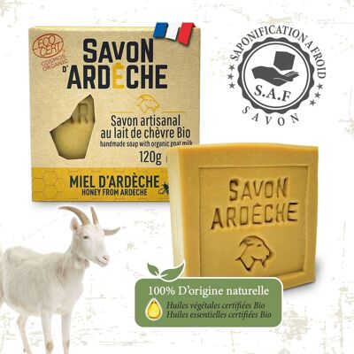 Savon au Lait de Chèvre - Savon Doux Surgras à 7% - Savon Artisanal 100% Naturel - Fabriqué en Ardèche - Pour Visage et Corps - 120g (Miel d'Ardèche)