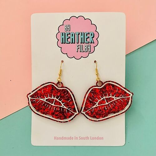 Large Red Lip Glitter Earrings