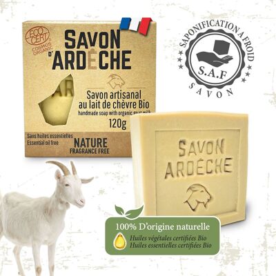 Jabón de Leche de Cabra Orgánico Certificado - Jabón Suave Supergraso al 7% - Jabón Artesanal 100% Natural - Fabricado en Ardèche - Para Rostro y Cuerpo - 120 g (Naturaleza - Sin perfume)