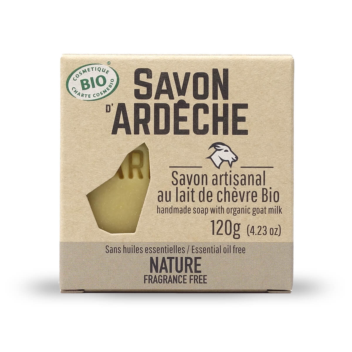 Certified Organic Goat's Milk Soap - 7% Superfatted Mild Soap - 100% Natural Artisanal Soap - Made in Ardèche - For Face and Body - 120g (Nature - Fragrance-free)