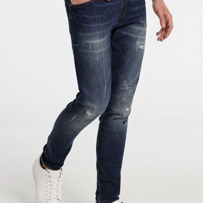 SIX VALVES - Hose Denim Dark Blue Damage Skinny |Skinny - Mittelhoher Bund