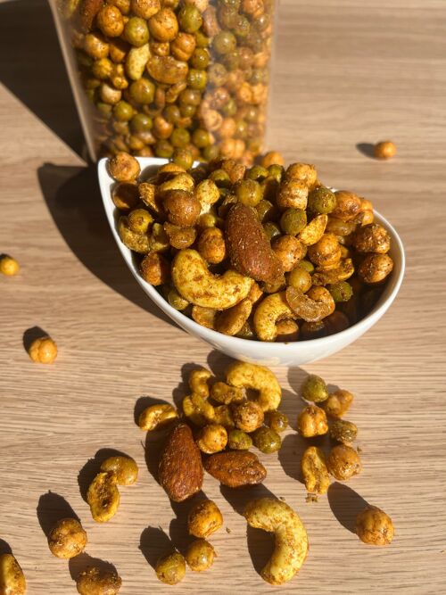 Mix Gourmands Apéro-BIO-Pois chiche, pois verts, fèves ,noix de cajou, amandes et cacahuètes Curry-Vrac 2kg- SANS GLUTEN