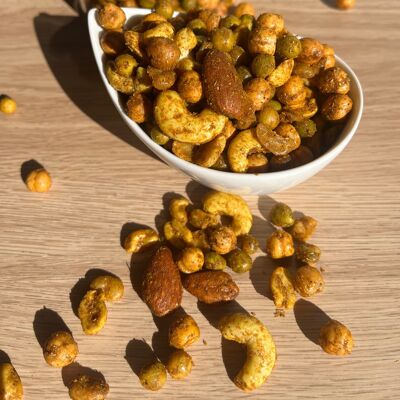 Mix Gourmands Apéro-BIO-Kichererbsen, grüne Erbsen, Bohnen, Cashewnüsse, Mandeln und Erdnüsse Curry-Bulk 2kg – GLUTENFREI