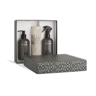 Caja regalo Harmony - Ámbar Negro - Jabón de manos 300ml + Spray de ambiente 300ml + Toalla de invitados