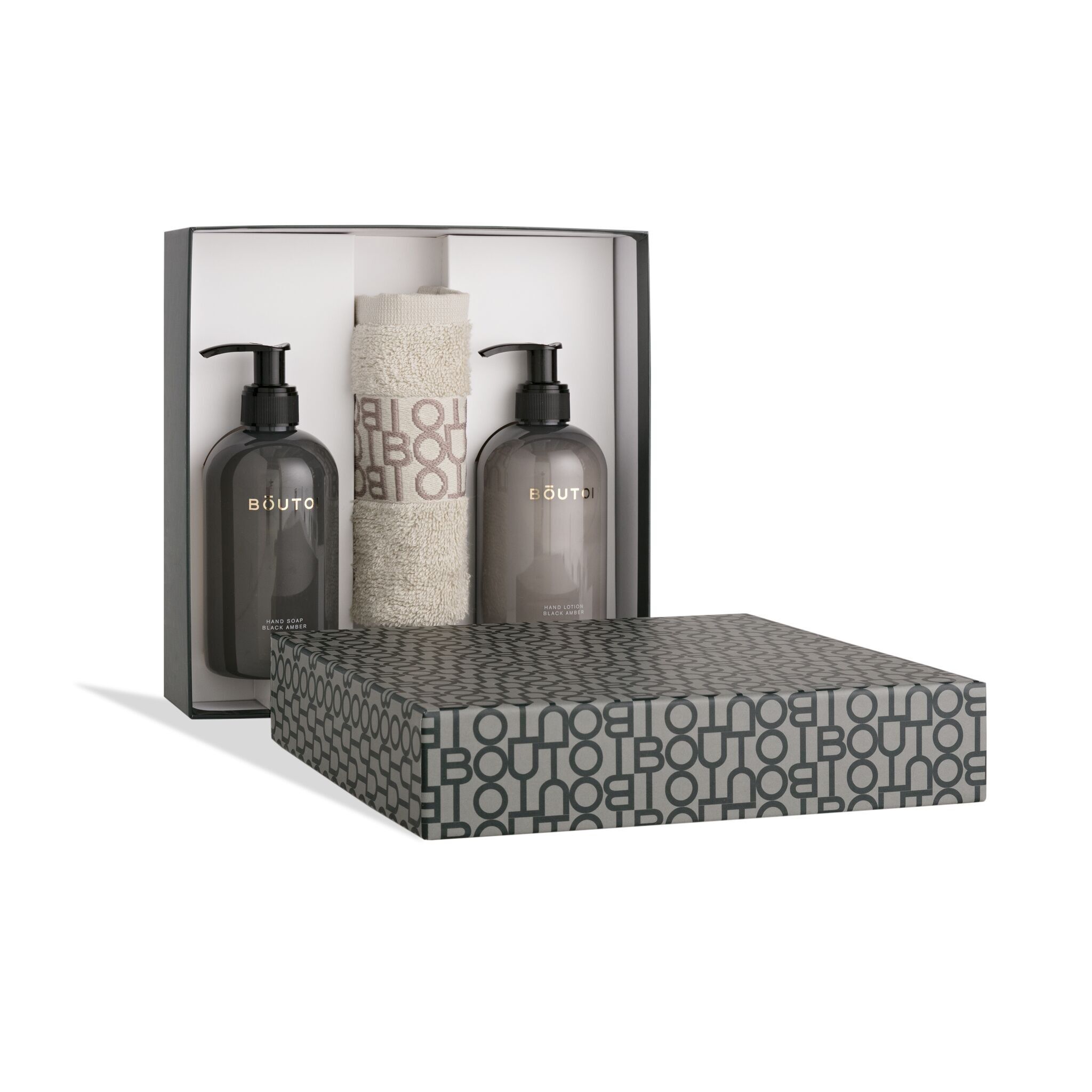 Coffret Indulge - Black Amber - Savon pour les mains 300ml + Lotion pour les mains 300ml + serviette invité