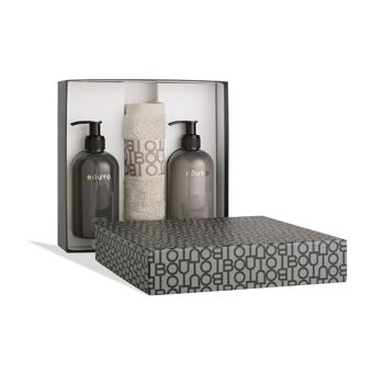 Coffret Indulge - Black Amber - Savon pour les mains 300ml + Lotion pour les mains 300ml + serviette invité 1