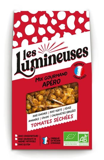 Mix Gourmands Apéro-BIO-Pois chiche, pois verts, fèves, noix de cajou, amandes et cacahuètes Tomates Séchées -90g-SANS GLUTEN 1