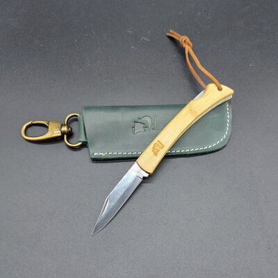 Navaja de acero inoxidable. Cuchillo Opplav III. Navaja Fabricada con Acero Inoxidable 2J / funda de cuero hecha a mano de 1,6 mm de espesor (Green Forest)