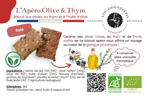 Fiche produit plastifiée - Biscuit Apéro Olive, Thym & Huile d'olive