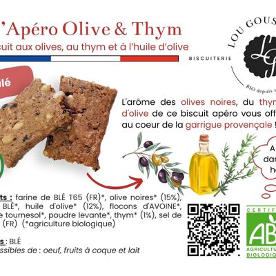 Laminiertes Produktblatt – Oliven-, Thymian- und Olivenöl-Apéro-Keks