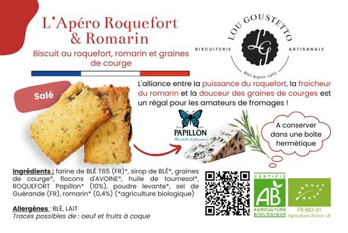 Fiche produit plastifiée - Biscuit Apéro Roquefort Papillon, Romarin & Sel de Guérande