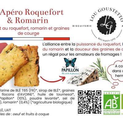 Laminiertes Produktblatt – Roquefort Papillon Apéro Keks, Rosmarin und Guérande-Salz