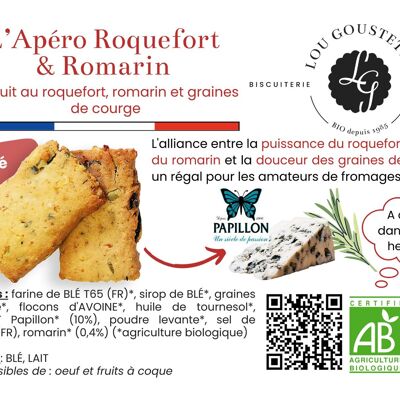 Laminiertes Produktblatt – Roquefort Papillon Apéro Keks, Rosmarin und Guérande-Salz