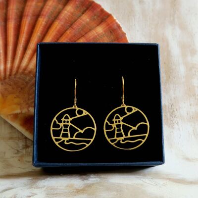 Lighthouse earrings, sea ocean, golden or silver landscape