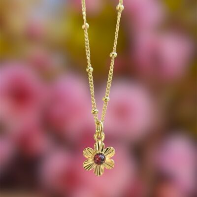 Collier fleurs boutons d'or grenat fin et léger, doré